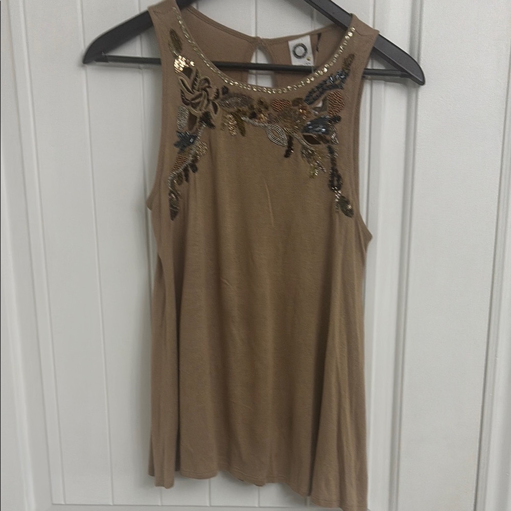 ANTHROPOLOGIE Akemi + Kin Embroidered & Embellished Tan Sleeveless Top